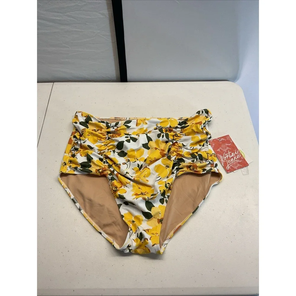 New Kortni Jeane High Waist Gathered Swim Bottom Size L yellow flowers‎ beach